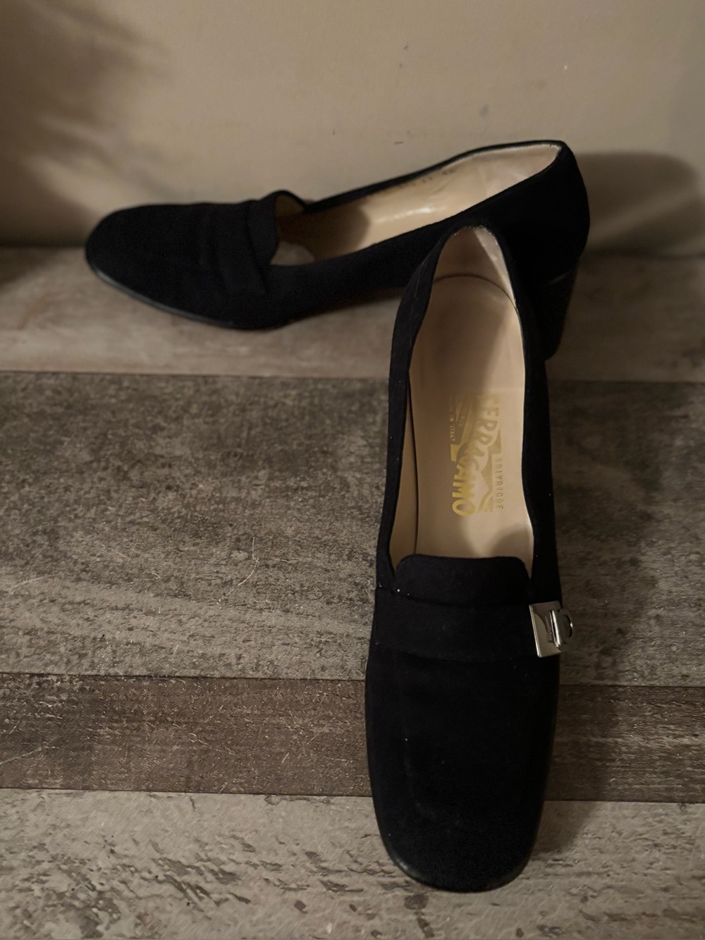 FEERAGAMO Vintage ALEX SUEDE BLOCK HEEL LOAFERS SIZE   11 4A